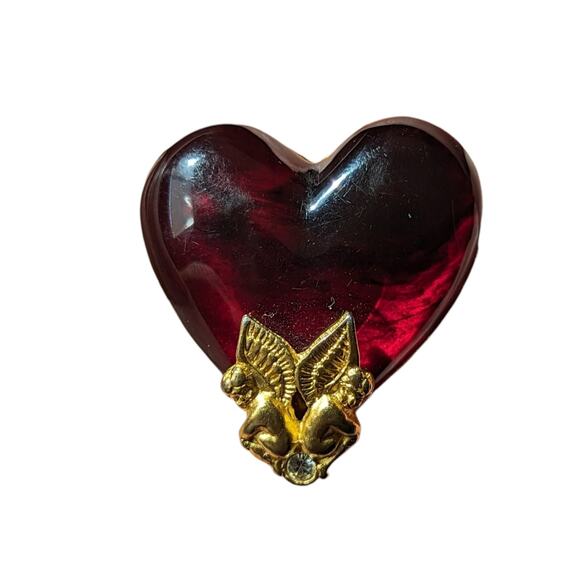 Vintage Givenchy Cherub Lucite Heart Brooch Jewelry RARE Rhinestone Pin Gold Red - Picture 7 of 14